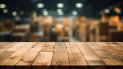 The empty wooden table top with blur background of warehouse storage. Exuberant image. generative AI - obrazy, fototapety, plakaty