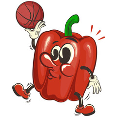 vector isolated clip art illustration of cute bell peppers mascot playing basketball, work of handmade