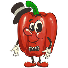 vector isolated clip art illustration of cute bell peppers mascot in a hat and bow tie, work of handmade