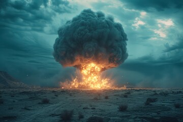 big nuclear explosion in the desert with huge cloud of smoke,copy space.
