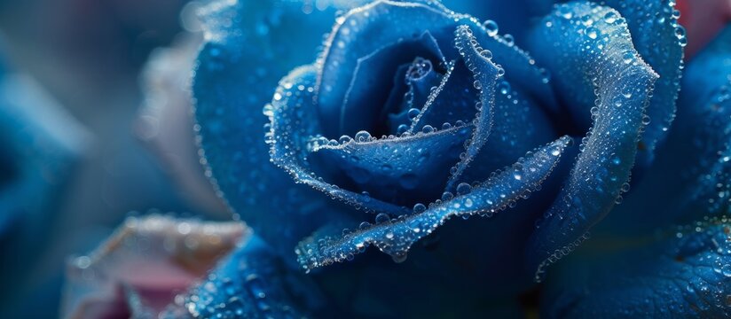 Blue pigment delphinidin can be seen in a close-up macro photograph of a genetically engineered blue rose in the Rosaceae family, genus Rosa.