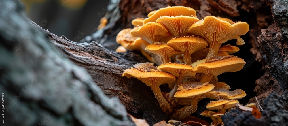 Poster detailed view of fungi within a tree trunk.