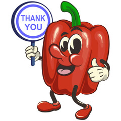 vector isolated clip art illustration of cute bell peppers mascot carrying a sign saying thank you, work of handmade