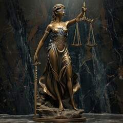 Legal Concept: Themis is the goddess of justice as a symbol of law and order on the background of dark room,copy space. 