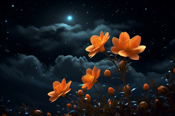 flowers buds orange blossom color on background night skies and abstract galaxy, space flower, clouds