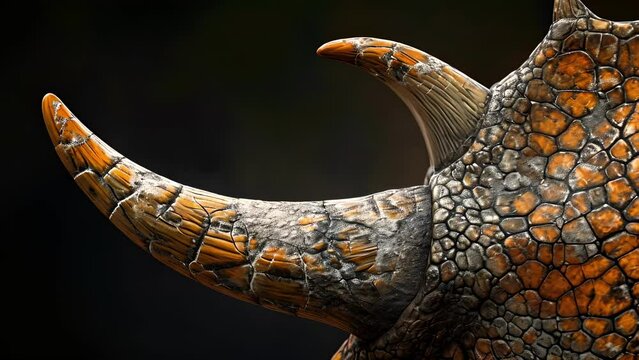 An artistic capture of a Triceratops horn highlighting the intricate patterns and texture of its bony structure.