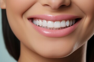 Obraz premium Close-up of a woman smile. Beautiful teeth and painted lips close-up