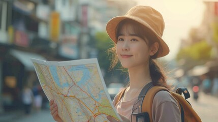 Young female tourist using a map while traveling abroad - obrazy, fototapety, plakaty