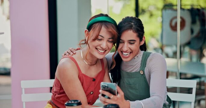 Selfie, kiss and lesbian couple at a cafe with travel memory, bonding or romantic date on vacation outdoor. Smartphone, love and lgbtq women with social media, profile picture or holiday blog update