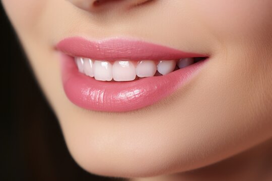 Close-up of a woman smile. Beautiful teeth and painted lips close-up