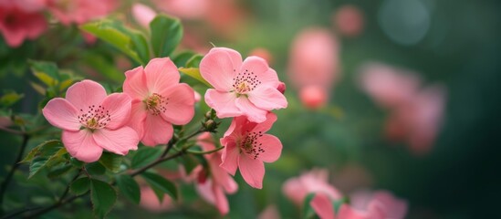 Rare pink flowers on a rosehip bush