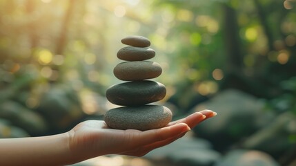 Obraz premium A hand holding a stack of zen stones against a green blurred background, evoking a sense of calm and tranquility amidst nature.