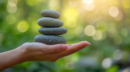 A hand holding a stack of zen stones against a green blurred background, evoking a sense of calm and tranquility amidst nature.