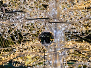 Selective focus of golden bauble hanging in the Christmas tree at night with shining lights in the background 