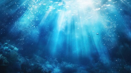 Underwater background with blue water and sun rays. Copy space.