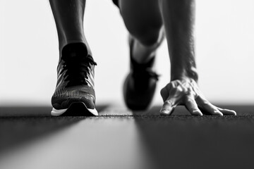 legs mans close-up of runner is at start, black and white image