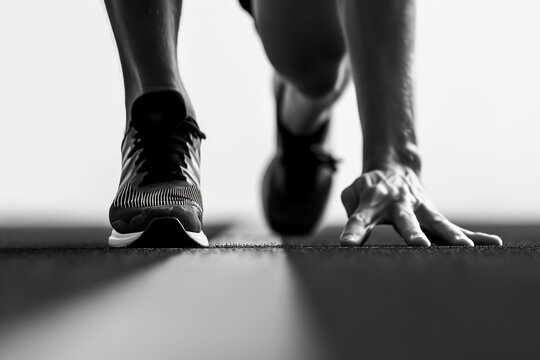 legs mans close-up of runner is at start, black and white image