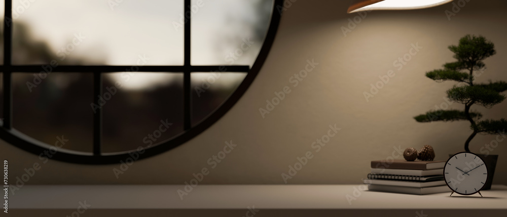 Aufkleber a space for displaying your product on a tabletop against the wall with a round window.