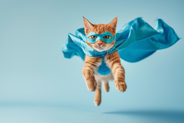 superhero cat, tabby kitty with blue cloak and bandage