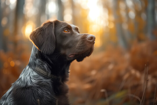 Drathaar hunting breed dog sits attentively amidst the wooded surroundings, gazing upwards with intense focus
