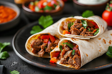 burrito three pieces wrapped with beef and vegetables, mexican food