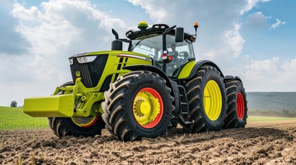 Obraz premium Field Workhorse, A Large Modern Tractor Ready to Tackle the Fields, Symbolizing Efficiency and Power in Agricultural Work.