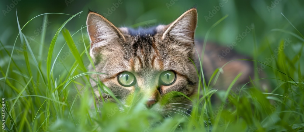 Sticker Czech domestic cat in grass, Felis silvestris.