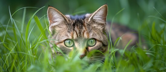 Czech domestic cat in grass, Felis silvestris. - obrazy, fototapety, plakaty