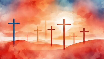 Watercolor easter background with cross on the morning at sunrise - obrazy, fototapety, plakaty