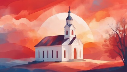 Fototapeta premium church on the hill with sunrise background