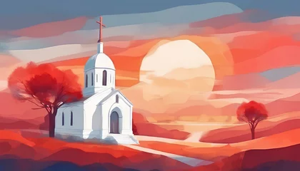 Keuken spatwand met foto watercolor illustration of a white church on a sunrise background, easter landscape © Tri