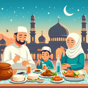 Flat design of muslim family break fasting and eating together with mosque background