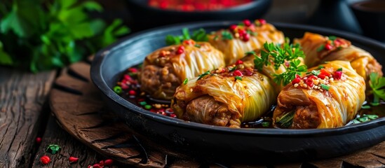 Cabbage rolls with meat, rice, and veggies named sarma on Dark Rustic Background.