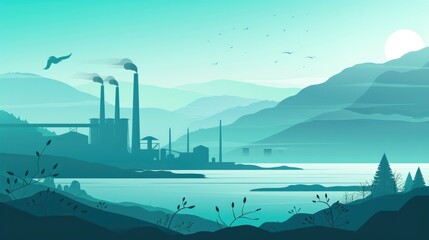 Harmony of Nature and Industry, A Minimalistic 2D Flat Representation Blending Natural Landscapes with Industrial Structures.