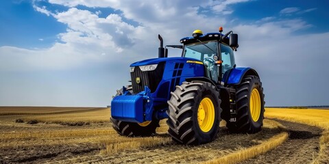 Obraz premium Field Workhorse, A Large Modern Tractor Ready to Tackle the Fields, Symbolizing Efficiency and Power in Agricultural Work.