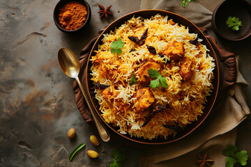 spicy and delicious chicken biryani, herbs, spices, top view