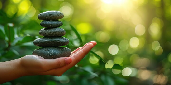A hand holding a stack of zen stones against a green blurred background, evoking a sense of calm and tranquility amidst nature.
