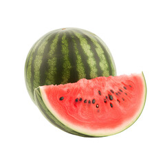 Illustration of a whole watermelon next to a juicy slice, isolated on a white background.
