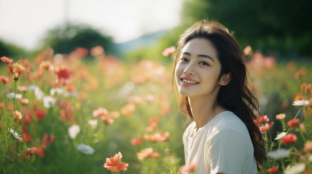 花畑に立つ笑顔の美しい女性