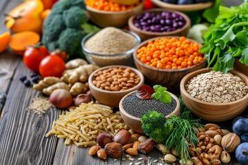 vegan nutrition with fruits, nuts, vegetables, whole wheat pasta, foods high in omega-3, antioxidants, anthocyanins, vitamins, selective focus