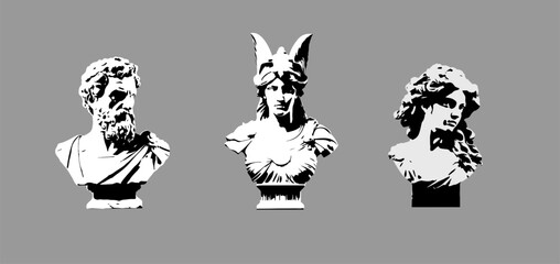 Set busts Greek, Rome , ancient gods. Vector black and white design.
