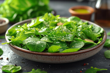 Fresh green salad with spinach, arugula, romaine and lettuce, salt, in bowl, selective focus