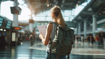 A young woman with a ponytail and a backpack, standing in an airport terminal, reading a document with a thoughtful expression, as travelers pass by in the background - obrazy, fototapety, plakaty