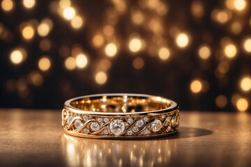 A wedding ring with a blurry background of sparkling gold light