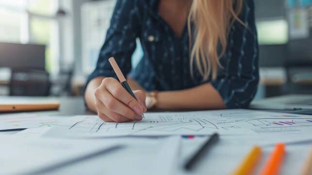 Businesswoman with paper drawing marketing plan paper for planning creative advertising ideas and thinking of reminders on board. A businesswoman with plan for startup company at work