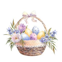 Happy Easter basket with spring flowers, willows, colorful eggs, hand drawn watercolor illustration. Vintage style. Drawing on isolated white background for greeting cards or invitations