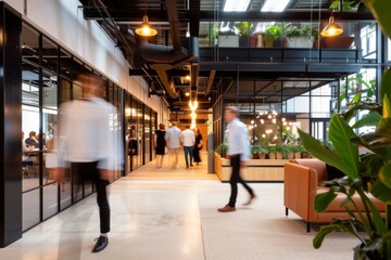 Blurred motion of people walking in a modern office - obrazy, fototapety, plakaty