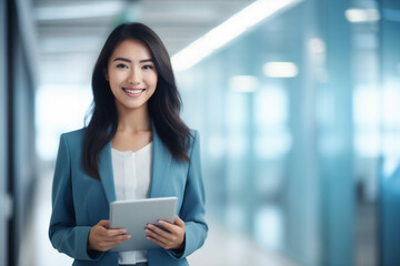 businesswoman, asian, in blue jacket and white blouse, holds tablet in hands, smiling, in blurred background