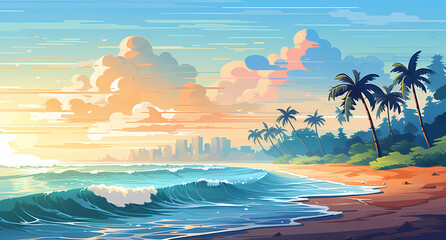 Fototapeta na wymiar a beautiful beach with palm trees in the background