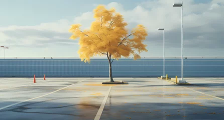 Fototapeten empty parking lot with a tree in the corner © ginstudio